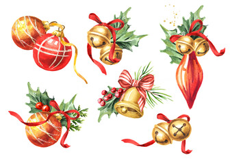 Christmas and Happy New Year  festive  decor set  for  greeting card  or  flyer,  postcard , booklet,  leaflet. Hand  drawn watercolor illustration isolated on white background