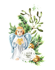 Christmas Angel with Winter festive decor. Hand  drawn watercolor illustration isolated on white background