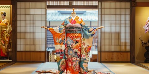 A kimono with a floral pattern displayed on a mannequin