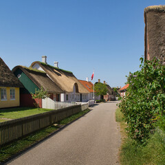 A charming street in a traditional Danish village with colorful thatched-roof houses under a clear blue sky. enhancing the picturesque and idyllic atmosphere