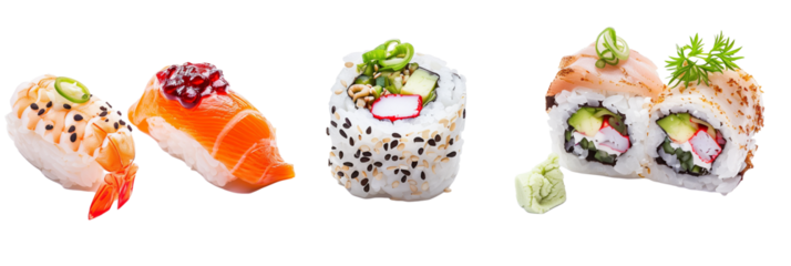 set of sushi rolls with various fillings and garnishes, isolated on transparent background