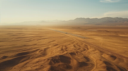 A vast, arid wasteland where solar farms stretch endlessly, harnessing energy in a climate-ravaged world.