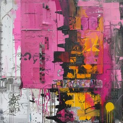 Fototapeta premium Abstract Painting Featuring Pink, Yellow, and Black Hues