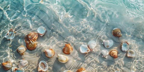 Nature background. Light blue background with white sea foam and seashells, ideal for beach and ocean themes.