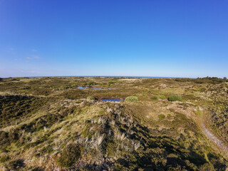 scenic landscape of heathland with patches of water under a clear blue sky. The natural beauty of the terrain showcases a tranquil, untouched environment