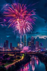 Colorful fireworks explode over the Houston skyline at night, reflecting in the water below. The city's skyscrapers are beautifully illuminated, capturing the essence of a grand celebration.