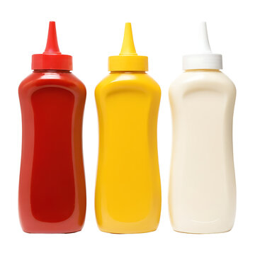 Three classic condiment squeeze bottles filled with ketchup (red), mustard (yellow), and mayonnaise (white) against a white background. Ideal for food blogs, restaurant menus, cooking websites, or adv