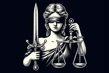  ancient Greek blind goddess Themis, personifying justice and fair trial.  Vintage retro engraving illustration. Black icon, logo, label. isolated element.