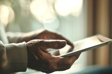 Obraz premium Senior using a tablet for technology and communication, close-up on hands and screen with natural light background