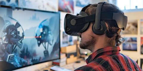 A virtual reality designer creates an immersive experience, blending art and technology to transport users to new worlds