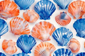 Group of Blue and Orange Seashells on White Surface