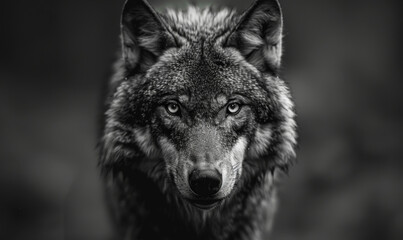 Intense Angry Wolf in Greyscale Closeup, Blurred Background, Emotional Predator, Detailed Fur Texture, Symbol of Wilderness and Survival