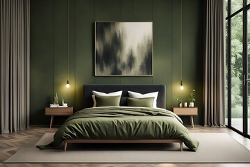 Modern Luxury Bedroom with Lime Olive Velor Bed and Khaki Green Wall. Minimalist Interior Design for Home or Hotel. Empty Mockup Wall for Art. Wood Parquet. 3D Render.