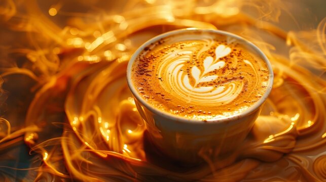 Steaming cup of coffee on a table, perfect for a morning caffeine boost