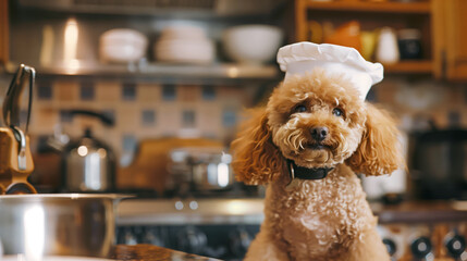 A Toy Poodle wearing a tiny white chef's hat