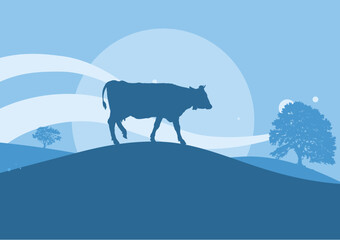 Cow in the meadow, fresh milk. Blue vector illustration, banner, background