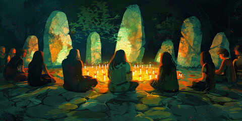 A circle of stones, illuminated by flickering candlelight, casts an ethereal glow on the faces of those seated within