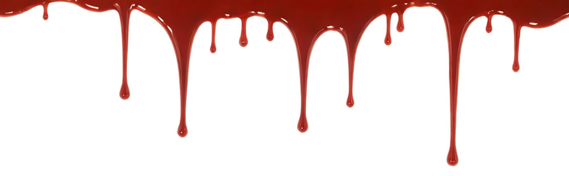 Thick, red blood drips down on a white background, perfect for horror, crime, or medical-themed designs.