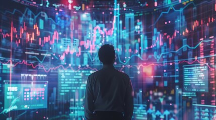 A trader gazes up at a massive holographic screen transfixed by the colorful charts and graphics representing the everchanging market trends.