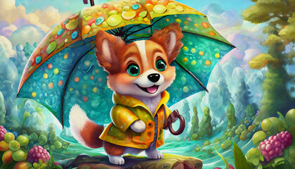 oil painting style CARTOON CHARACTER CUTE dog in a yellow raincoat holding an umbrella,