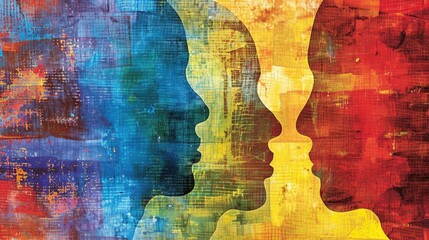 Painting depicting a group of peoples faces in a range of vibrant colors