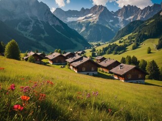 Tranquil mountain scene in the Alps with traditional chalets and vibrant meadows