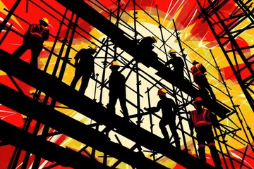 Multiple workers standing together on scaffolding at a construction site