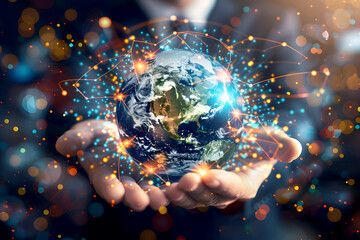 Businessman Holding Earth Globe with Glowing Digital Network Connections in Hand Over Dark Background, Businessman with CGI World Map, Hand Holding Globe blinking Network