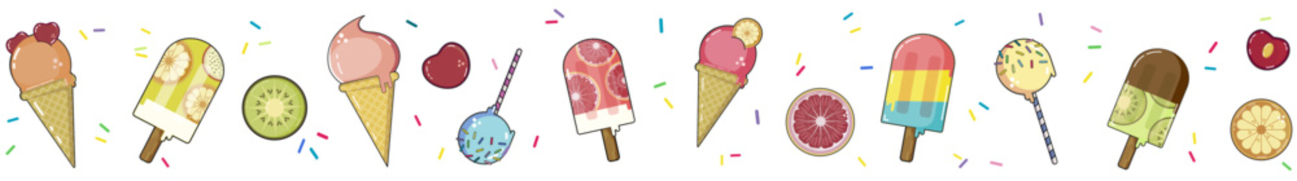 IceCream, Popsicle, Sundaes and fruits | colorful vector slim Banner