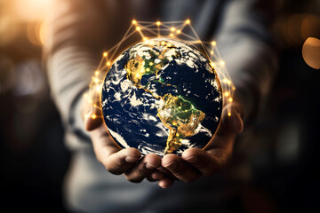 Fototapeta premium Businessman Holding Earth Globe with Glowing Digital Network Connections in Hand Over Dark Background, Businessman with CGI World Map, Hand Holding Globe blinking Network