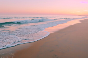A pristine beach at sunrise, with gentle waves lapping at the shore and the horizon painted in shades of orange and pink.