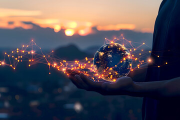 Businessman Holding Earth Globe with Glowing Digital Network Connections in Hand Over Dark Background, Businessman with CGI World Map, Hand Holding Globe blinking Network