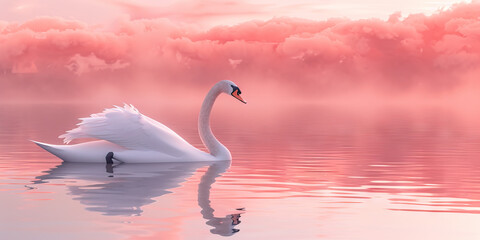 Fototapeta premium The Symphony of Sunset and Serenity: The pastel skies of dusk cast a soothing pink glow on a peaceful lake, mirroring the gentle ripples that surround a swan, gliding serenely across the surface