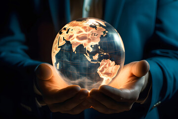 Businessman Holding Earth Globe with Glowing Digital Network Connections in Hand Over Dark Background, Businessman with CGI World Map, Hand Holding Globe blinking Network