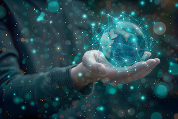 Businessman Holding Earth Globe with Glowing Digital Network Connections in Hand Over Dark Background, Businessman with CGI World Map, Hand Holding Globe blinking Network