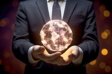 Businessman Holding Earth Globe with Glowing Digital Network Connections in Hand Over Dark Background, Businessman with CGI World Map, Hand Holding Globe blinking Network