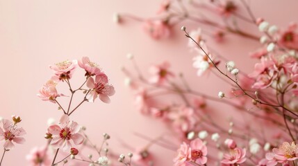 Obraz premium A soft and minimalistic floral background with delicate flowers set against a light pink backdrop. The understated design focuses on the beauty of the flowers, highlighted by the soft pink tones,