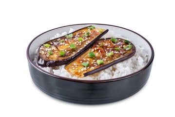 Teriyaki sauce eggplant slices with rice on a white isolated background