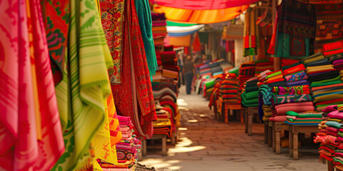Bustling Market Scene - Brightly colored fabrics and wares fill the air and surround vendors, their stalls overflowing with vibrant textiles in hues of red, green, and yellow