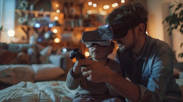 A father and son work together to create a realistic mockup of their familys home utilizing the virtual reality setup to try out different design ideas and layouts.