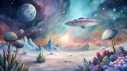 A sci-fi scene of a spaceship landing on a distant planet, with alien flora and fauna in the foreground and a spectacular galaxy visible in the night sky