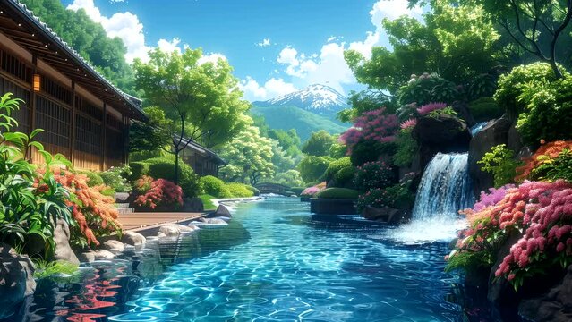 Beautiful river beside a cabin with a small waterfall in the forest in summer, water reflection at midday. Looping time-lapse animation background.