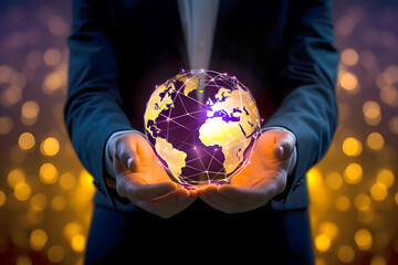 Businessman Holding Earth Globe with Glowing Digital Network Connections in Hand Over Dark Background, Businessman with CGI World Map, Hand Holding Globe blinking Network