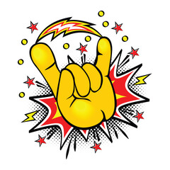 Devil horn gesture sign in comic style. Rock and roll, fan culture, hand gesturing concept. Vector on transparent background