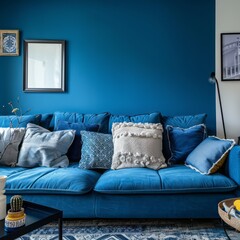 Obraz premium Cozy living room with a blue accent wall, a comfortable blue couch, and blue throw pillows, perfect for relaxation