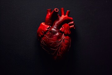 Anatomical model of the human heart on a dark background. Detail of veins and arteries on the heart, close-up