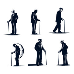 Elderly man standing with cane silhouette illustration. Old man pose silhouette in black color. father day Use. Pro Vecto Set