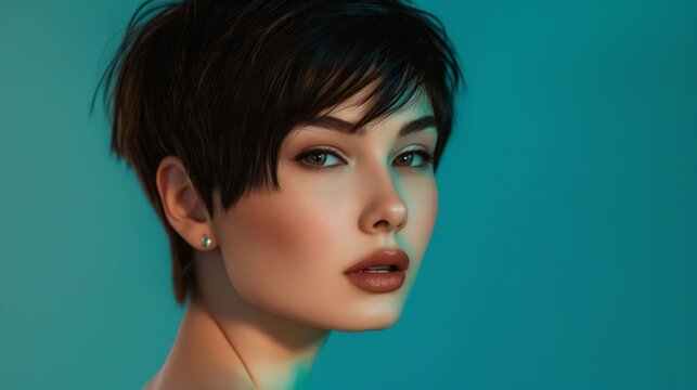 A woman with short hair and blue background.