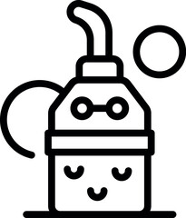 Black and white line art of a smiling soap dispenser with bubbles, perfect for hygienerelated design