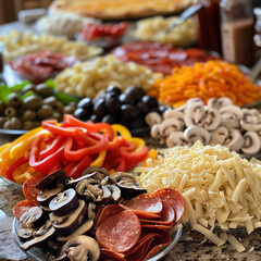 A variety of pizza toppings neatly arranged on a kitchen counter, featuring sliced bell peppers, mushrooms, olives, pepperoni, and grated cheese